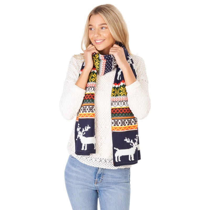 LOVARZI Christmas Scarves - Navy Blue Reindeer And Snowflake Knitted Warm Winter Scarf - Long Festive Themed Xmas Gifts for Ladies And Men - Image 4